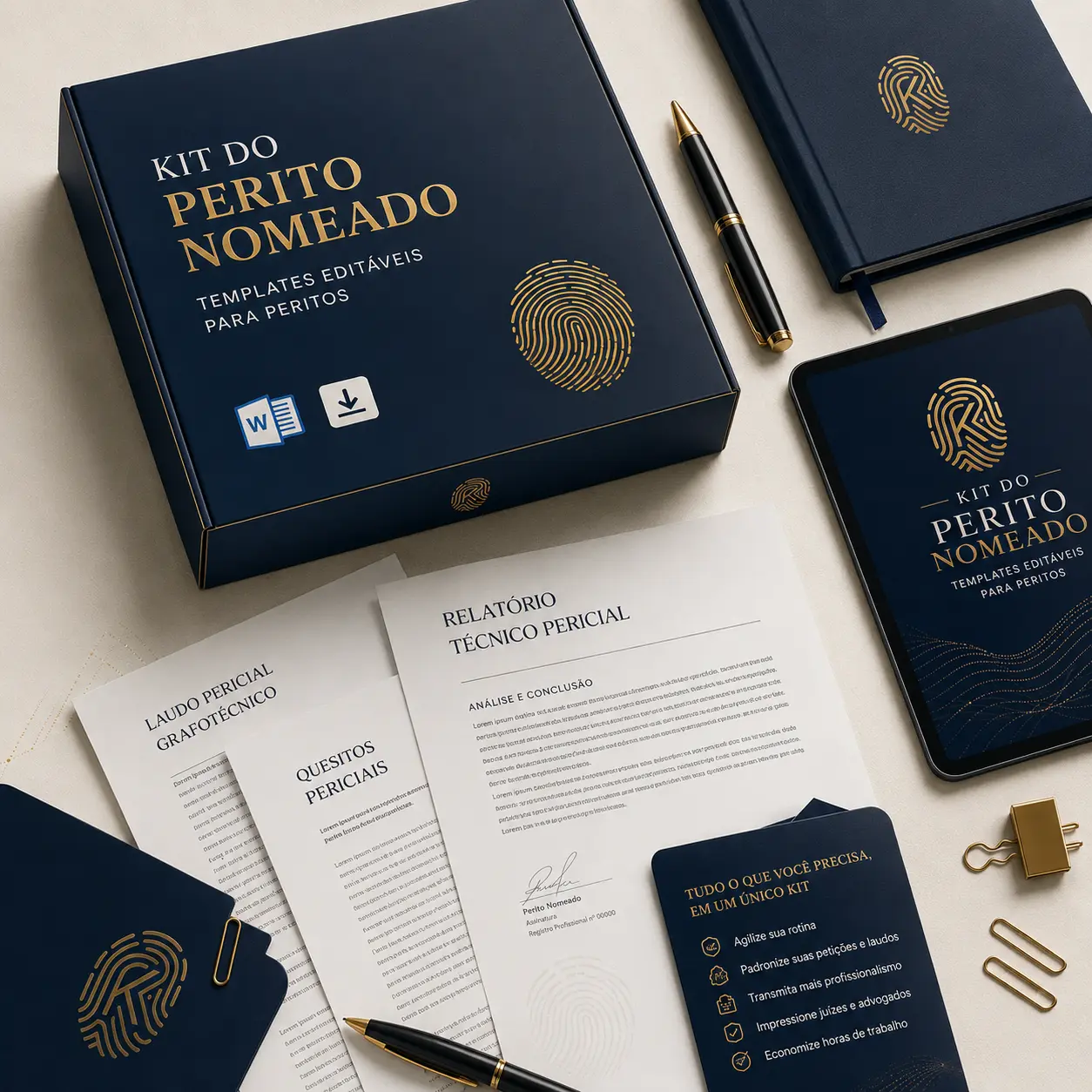Caixa do Kit, documentos impressos, tablet e materiais organizados sobre a mesa