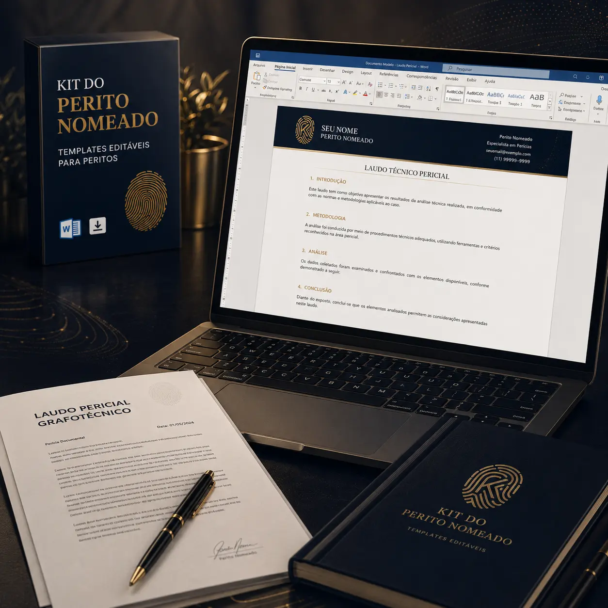 Kit do Perito Nomeado completo: caixa e laudo pericial aberto no computador