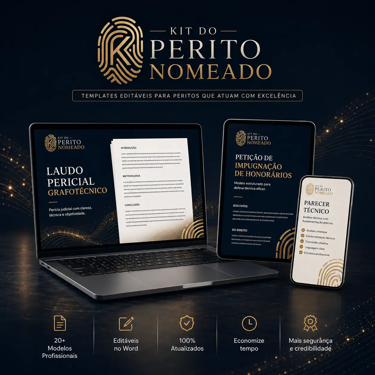 Computador, tablet e celular exibindo diferentes templates do Kit do Perito Nomeado