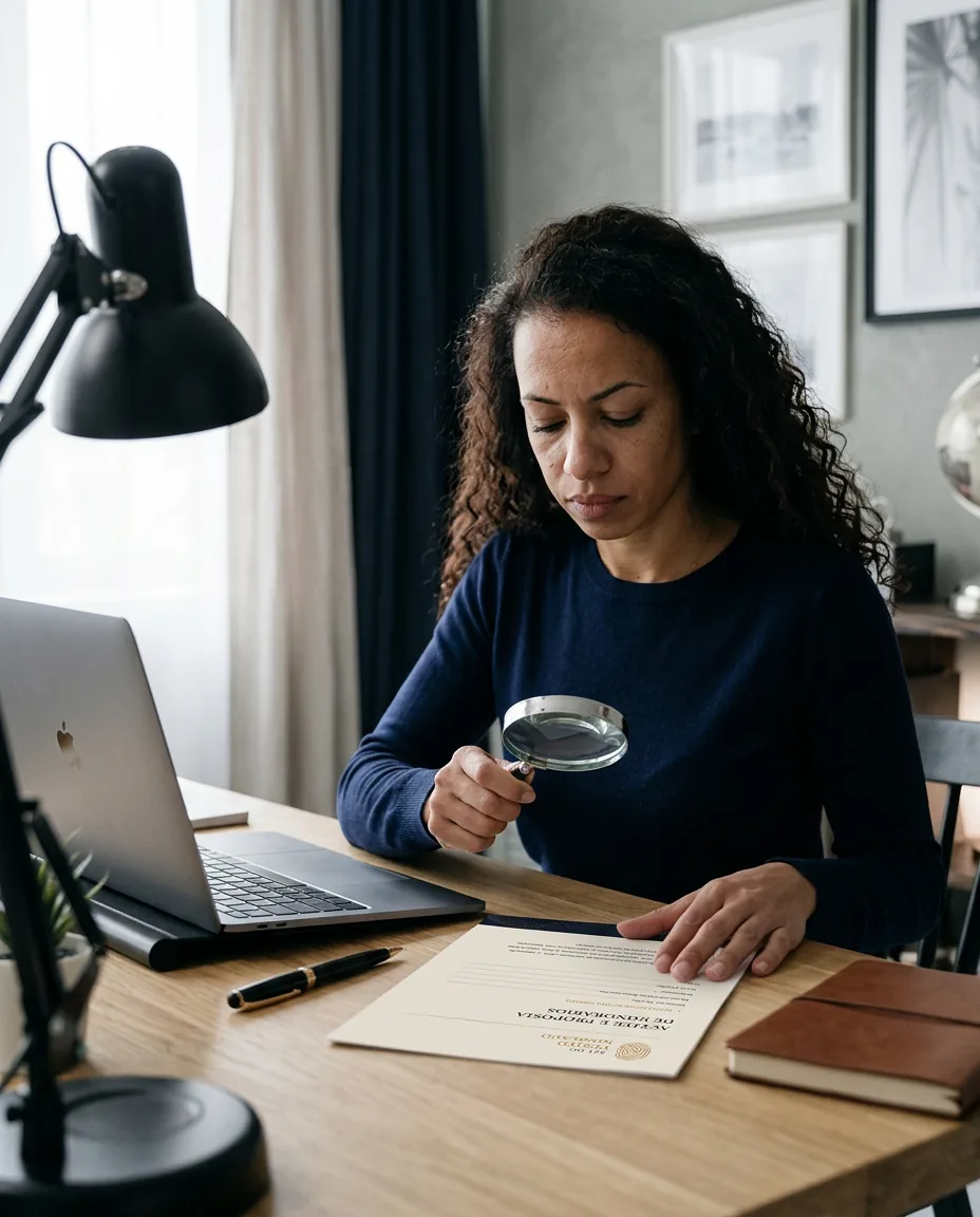 Profissional analisando com lupa um documento do Kit ao lado de um notebook